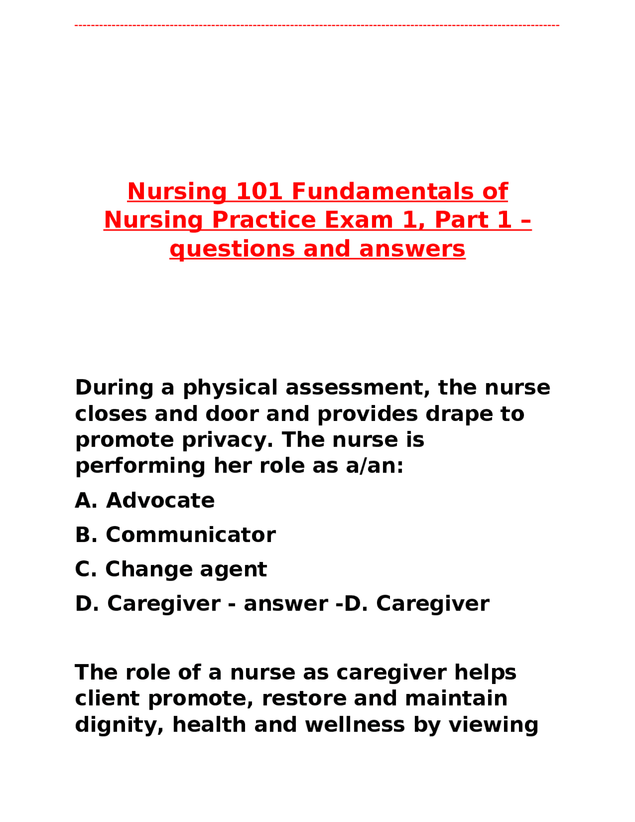Nursing 101 Fundamentals of Nursing Practice Exam 1, Part 1 - Questions ...