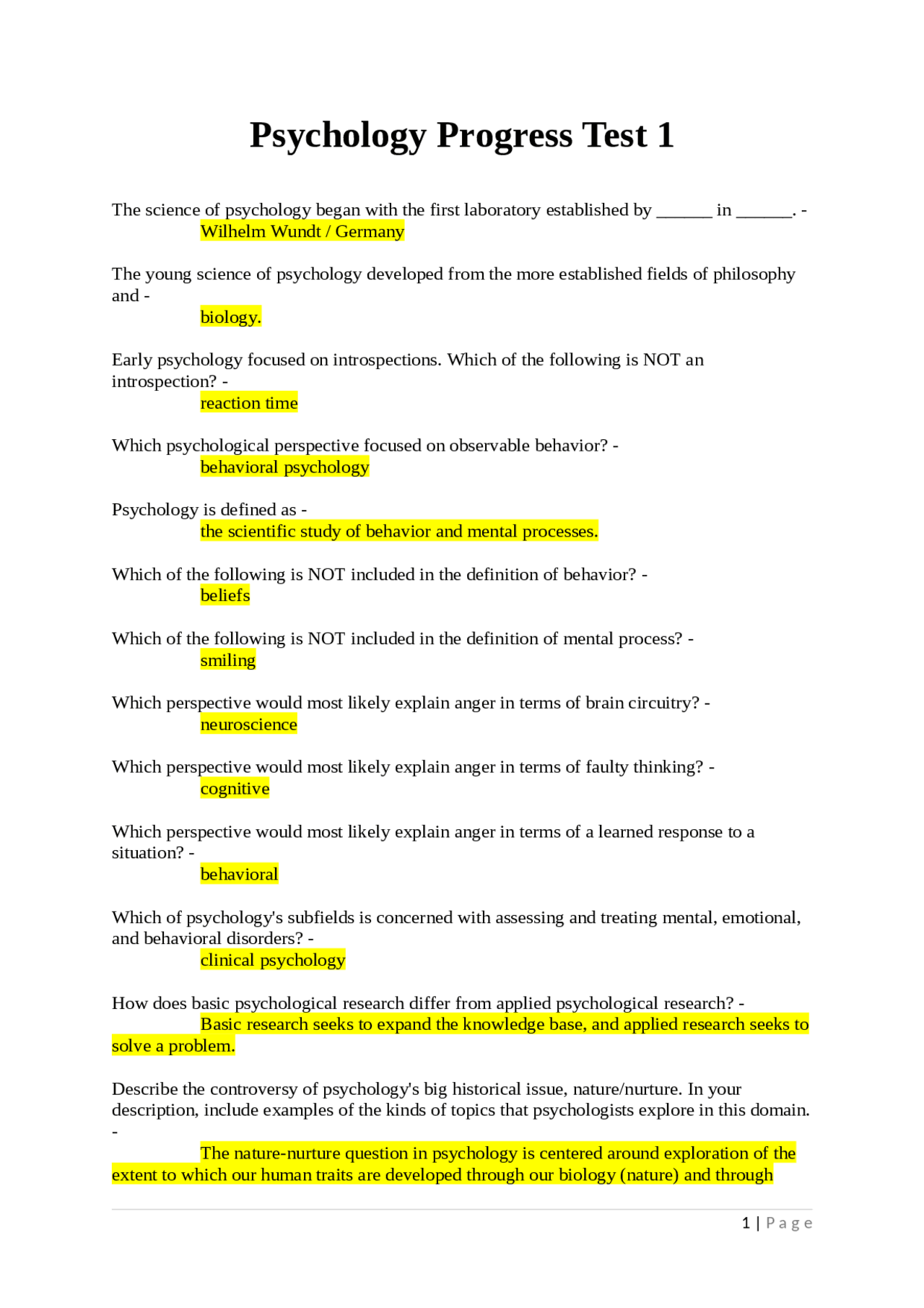 Psychological Problem Solving Test Psychology Progress Test 1: Multiple Choice Questions and Answers ...