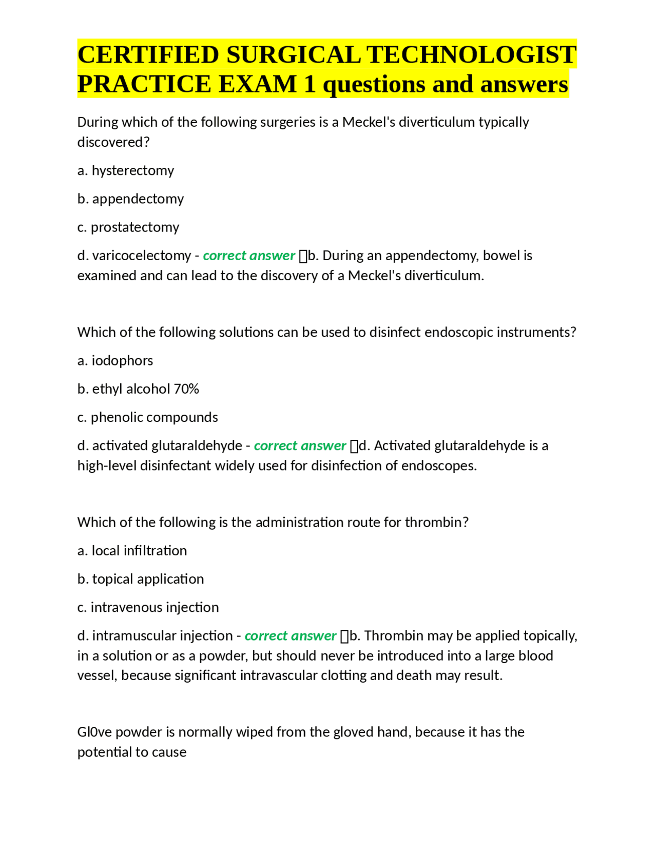 CERTIFIED SURGICAL TECHNOLOGIST PRACTICE EXAM 1 questions and answers ...