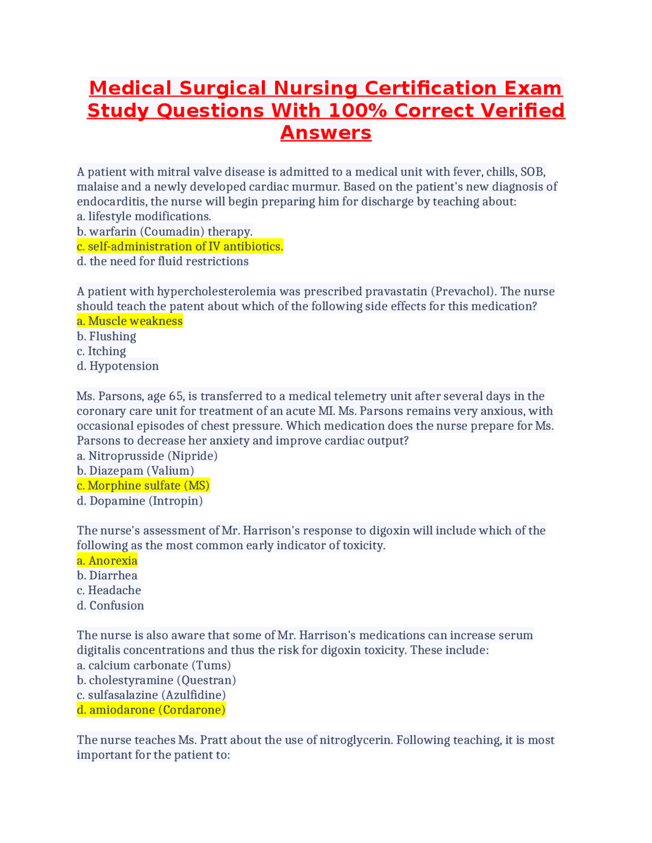 Medical Surgical Nursing Certification Exam Study Questions With 100% ...
