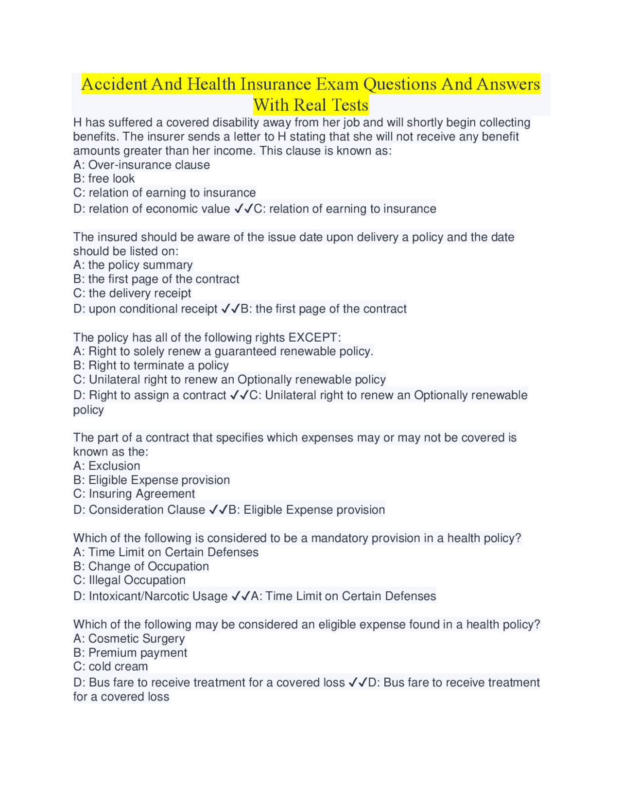 Accident and Health Insurance Exam Questions and Answers | Exams ...