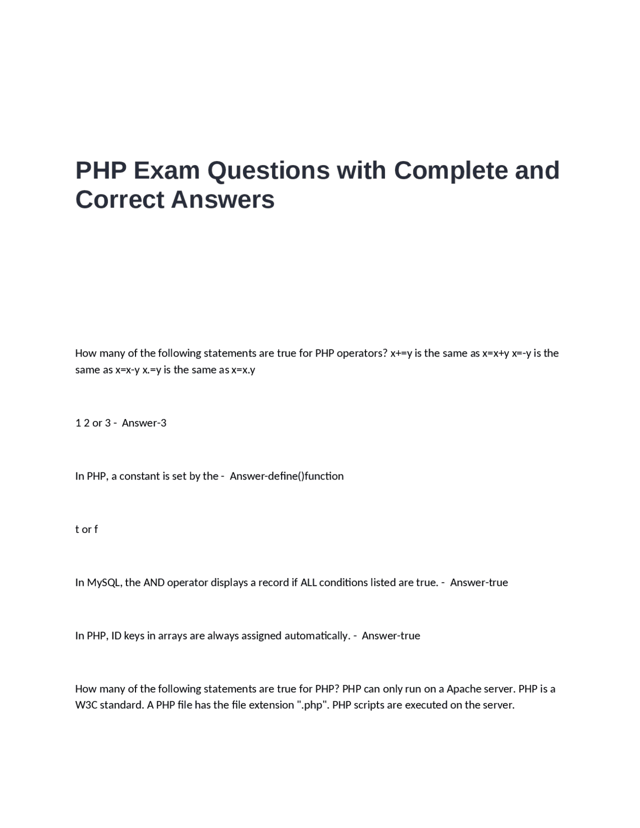 PHP and MySQL Exam Questions with Answers | Exams Nursing | Docsity