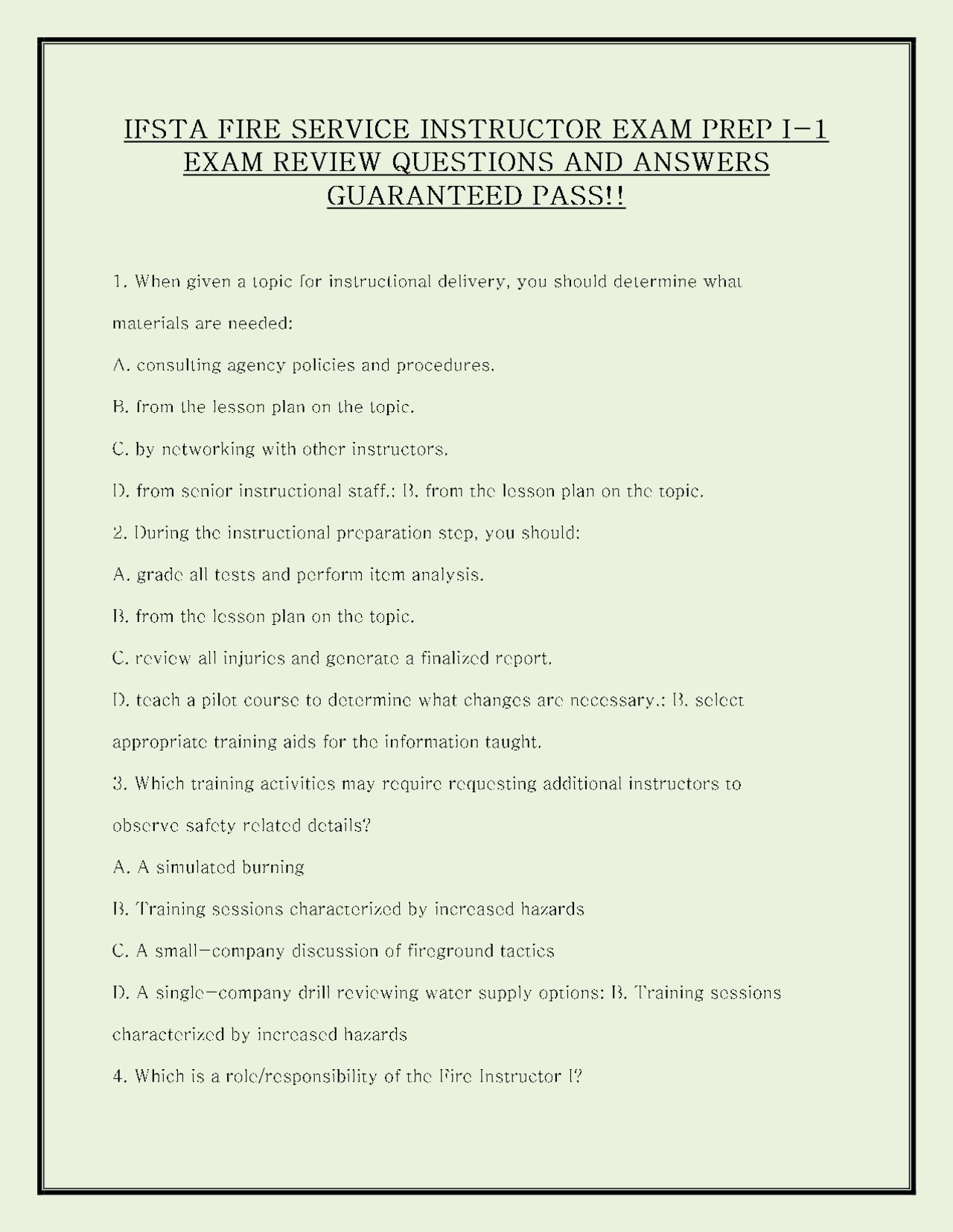 IFSTA FIRE SERVICE INSTRUCTOR EXAM PREP I-1 EXAM REVIEW QUESTIONS AND ANSWERS GUARANTEED P ...