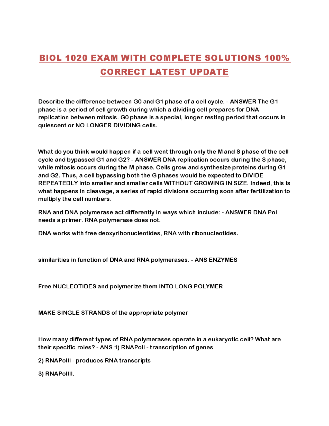 BIOL 1020 Exam Questions and Answers: Cell Biology | Exams Biology ...