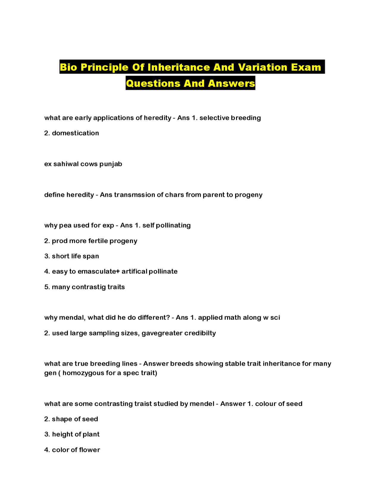 Principles of Inheritance and Variation: Exam Questions and Answers ...