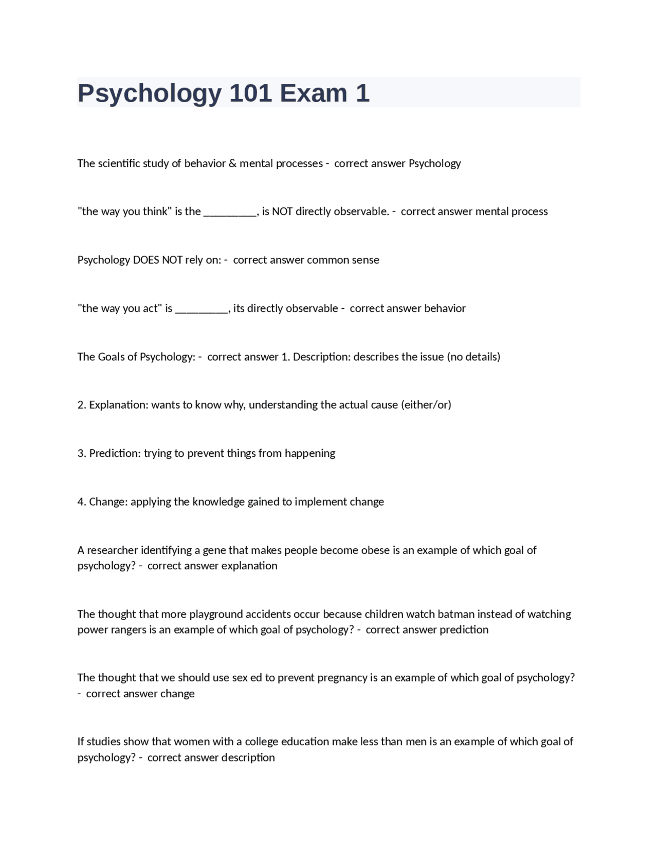 Psychology 101 Exam 1: Key Concepts and Theories | Exams Nursing | Docsity