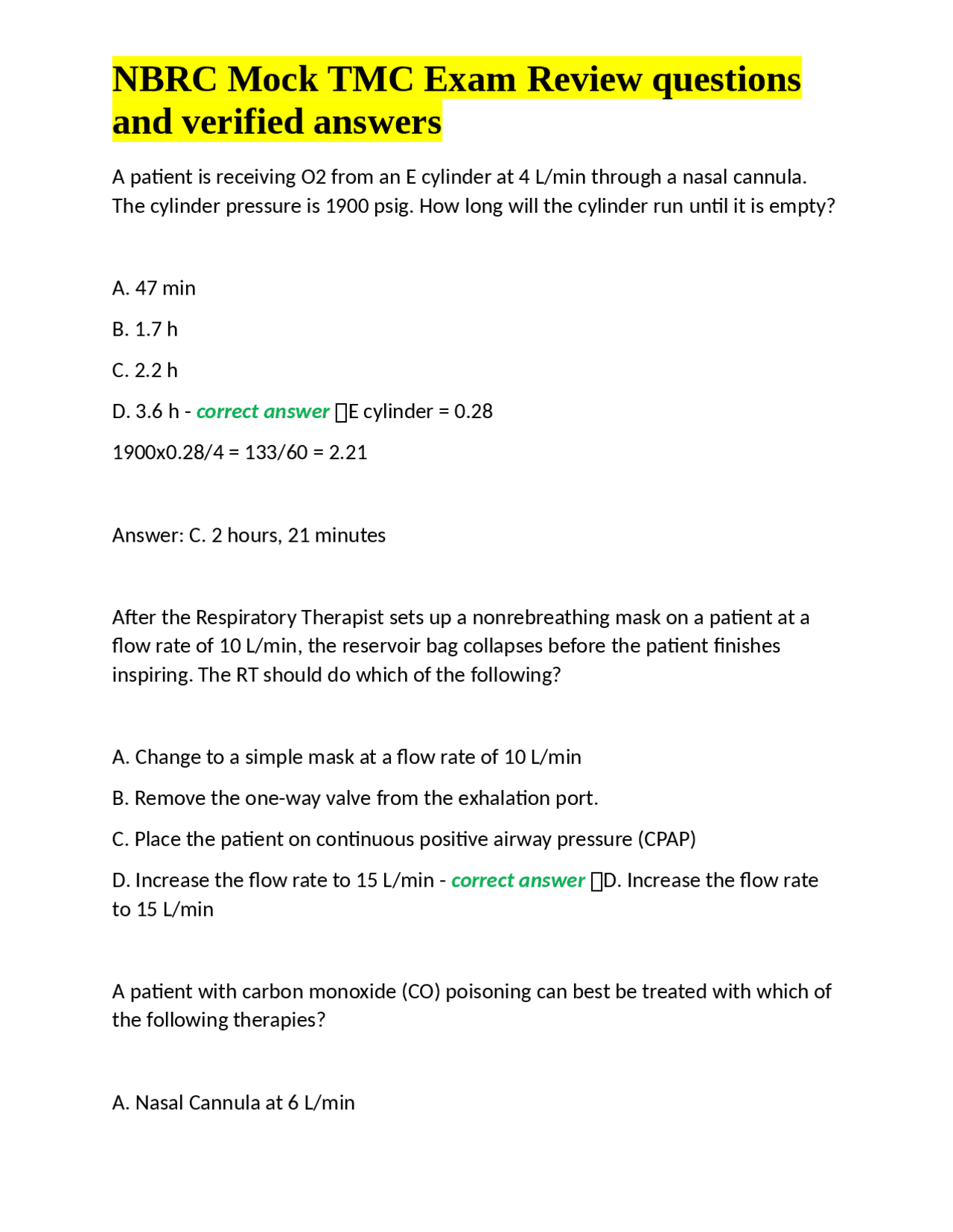 NBRC Mock TMC Exam Review Questions and Answers: Respiratory Therapy ...