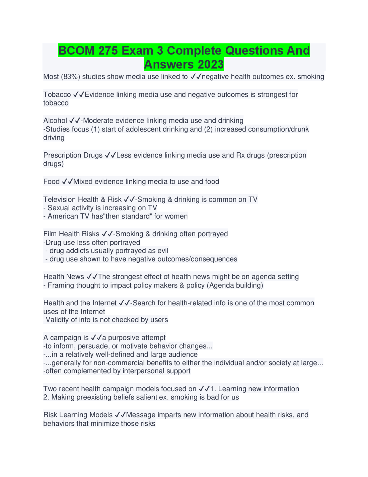 BCOM 275 Exam 3: Media Effects and Health Communication | Exams ...