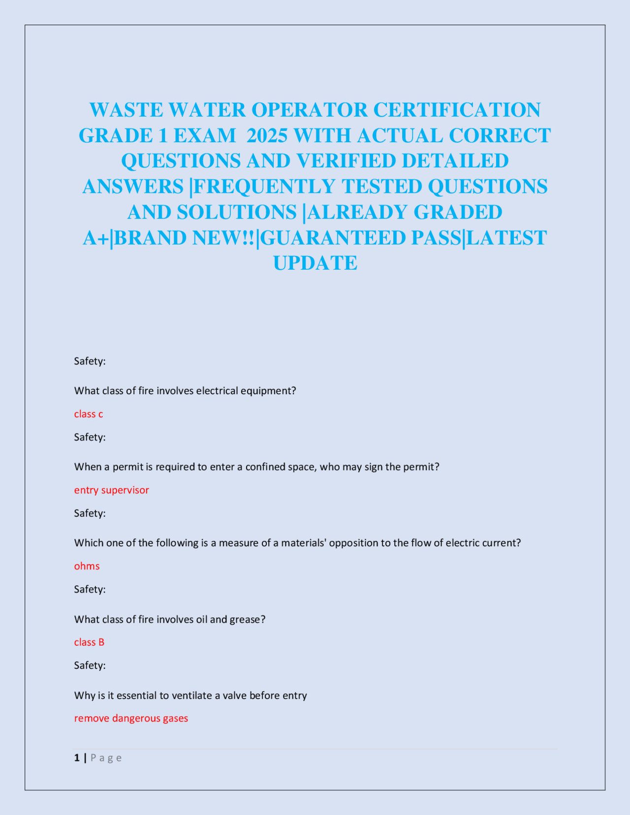 WASTE WATER OPERATOR CERTIFICATION GRADE 1 EXAM 2025 | Exams Water and ...