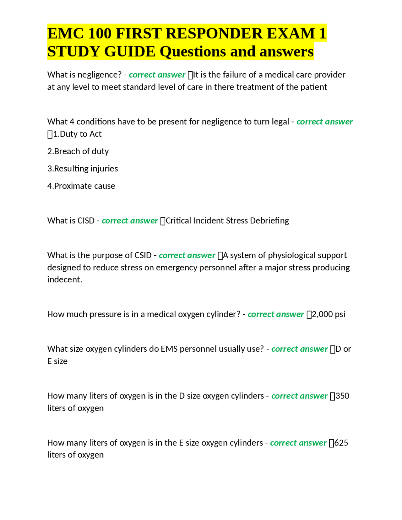 EMC 100 First Responder Exam 1 Study Guide: Questions and Answers ...