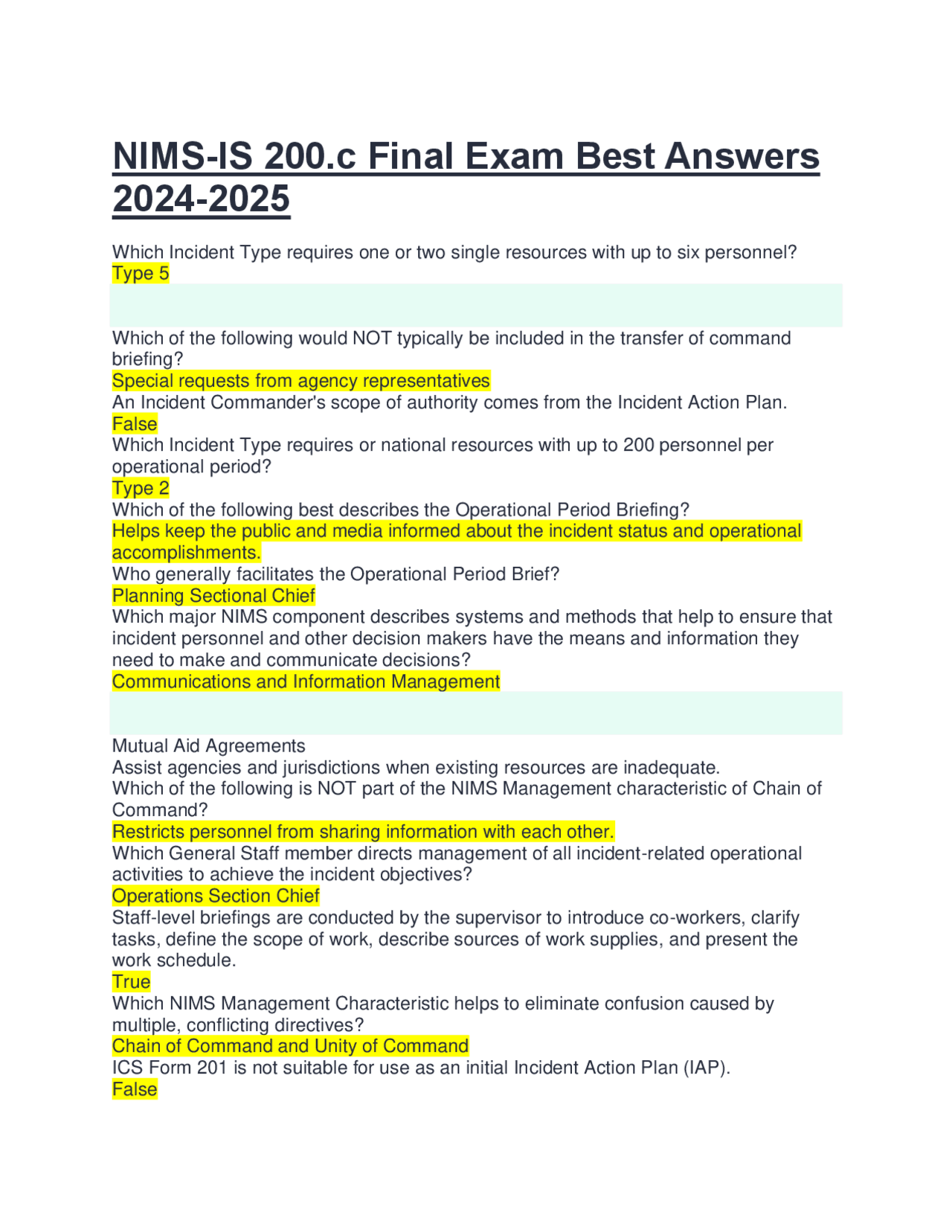 NIMS-IS 200.c Final Exam Best Answers 2024-2025 | Exams Business ...