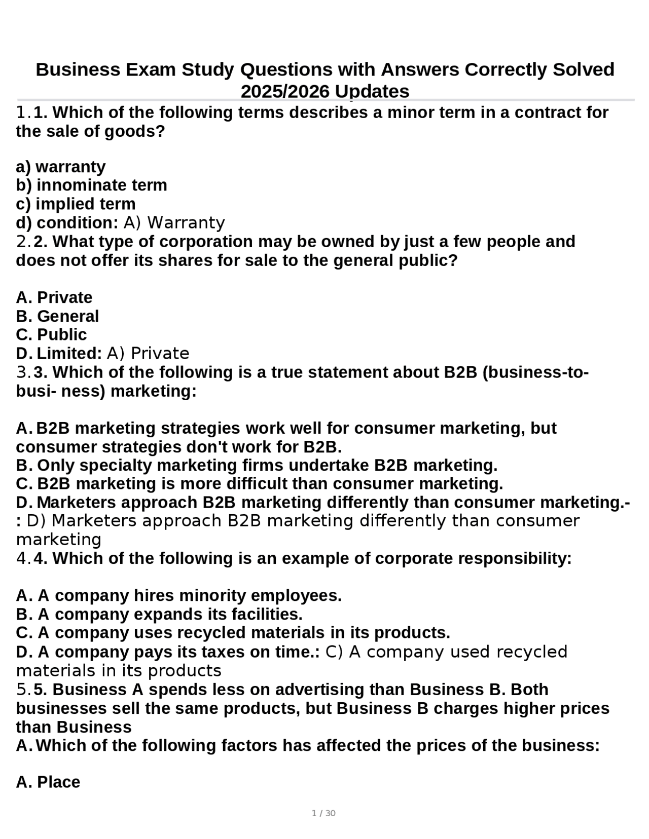 Business Exam Study Questions with Answers: 2025/2026 Updates | Exams ...