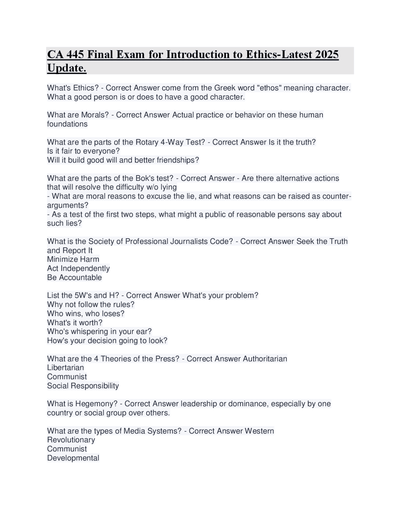 Introduction to Ethics: Final Exam Questions and Answers | Exams ...
