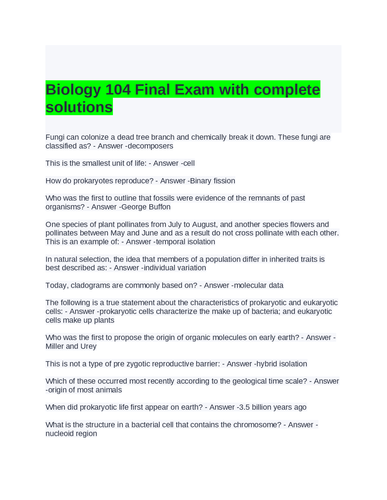 Biology 104 Final Exam with complete solutions | Exams Biology | Docsity