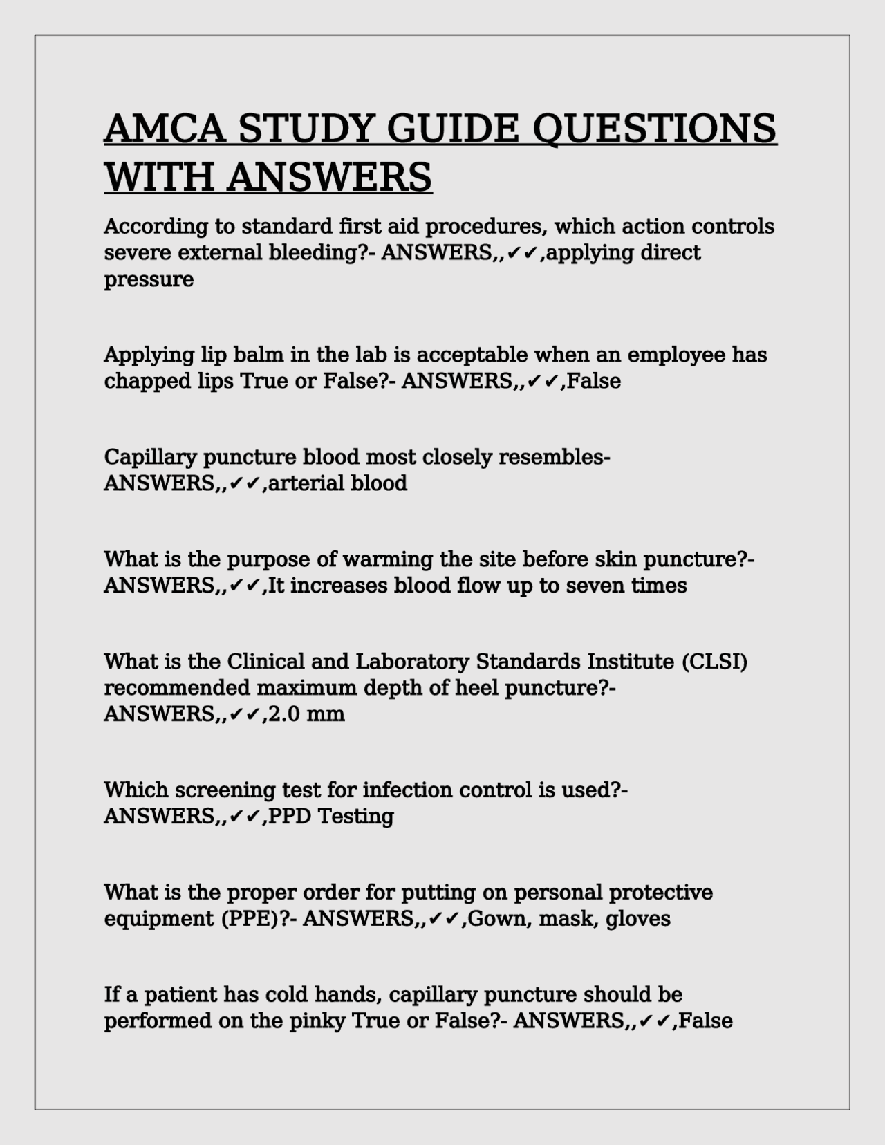 AMCA STUDY GUIDE QUESTIONS WITH ANSWERS. | Exams Nursing | Docsity