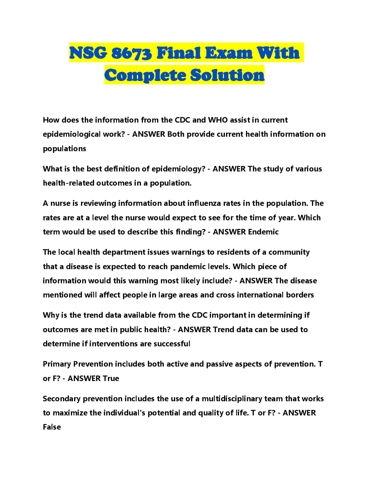 NSG 8673 Final Exam: Epidemiology and Public Health Concepts | Exams ...