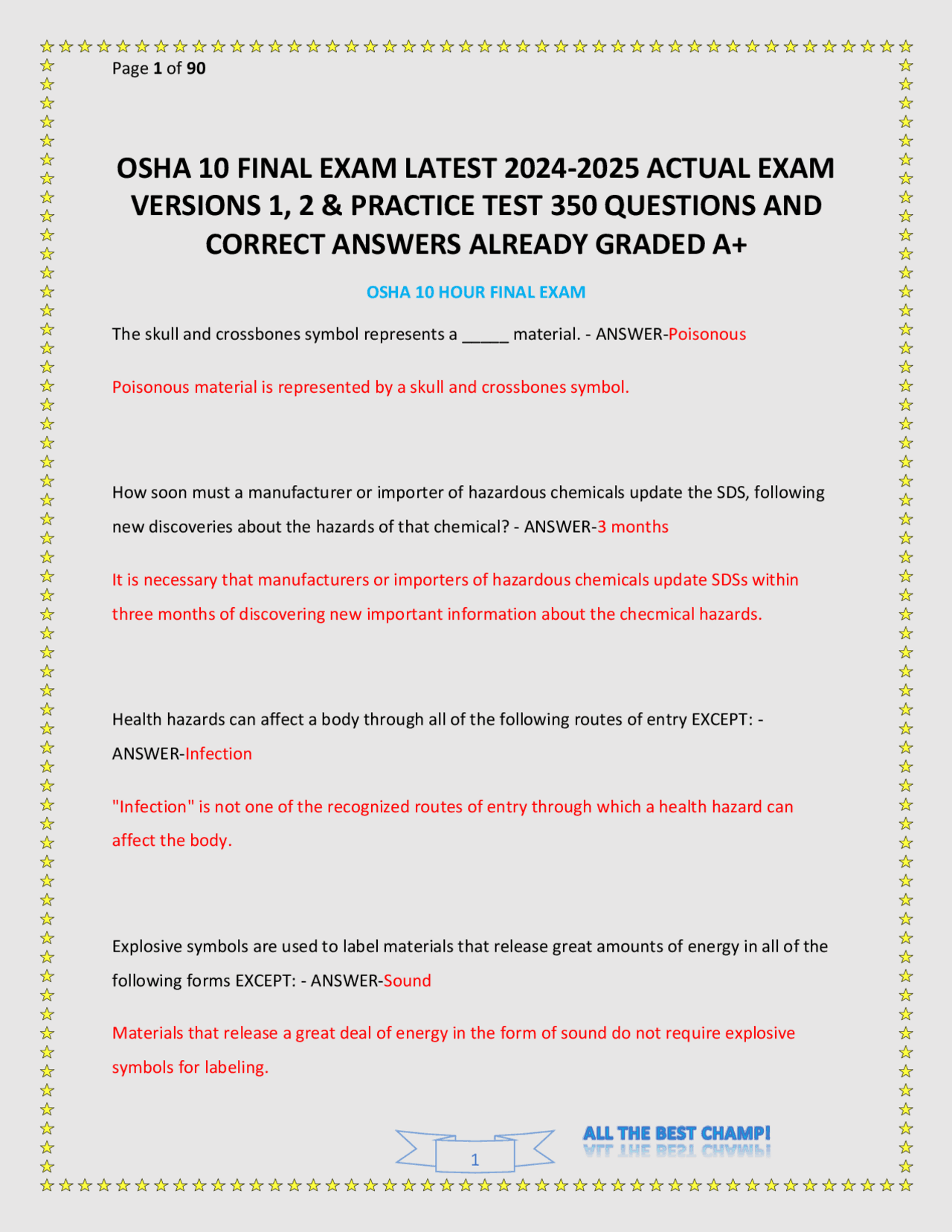OSHA 10 FINAL EXAM LATEST 2024-2025 ACTUAL EXAM VERSIONS 1, 2 ...
