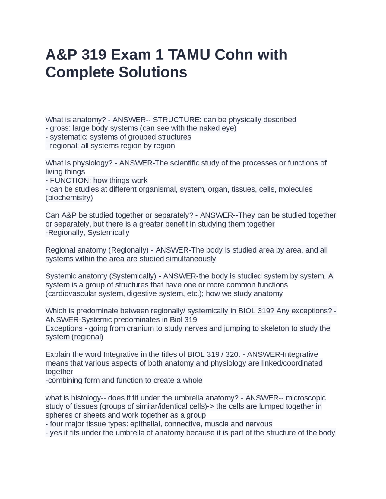 A&P 319 Exam 1 TAMU Cohn with Complete Solutions | Exams Nursing | Docsity