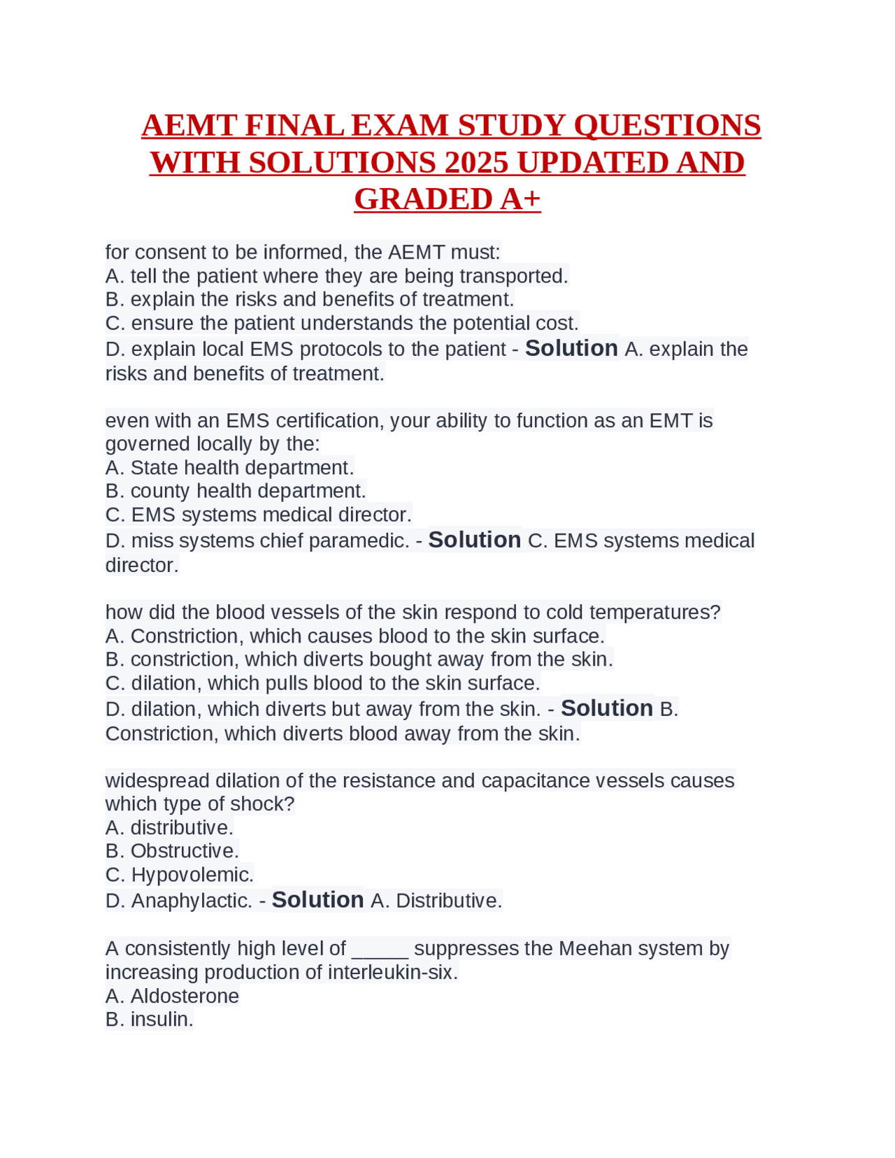 AEMT Final Exam Study Questions with Solutions 2025 | Exams Nursing ...