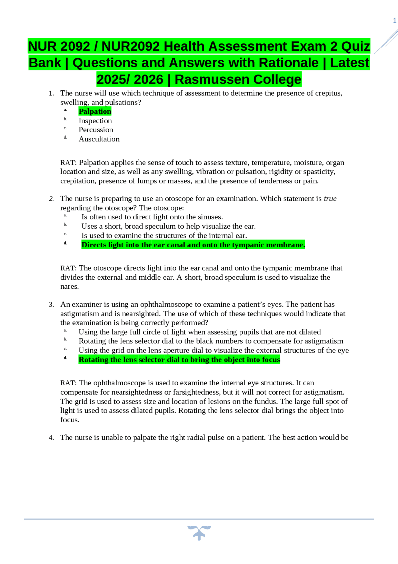 NUR 2092 / NUR2092 Health Assessment Exam 2 Quiz Bank | Questions and ...