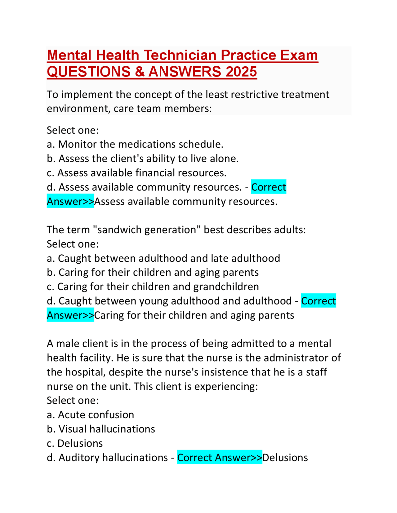 Mental Health Technician Practice Exam: Questions & Answers 2025 ...