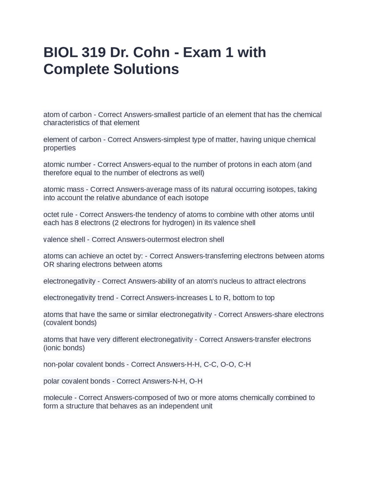 BIOL 319 Dr. Cohn - Exam 1 with Complete Solutions | Exams Nursing ...