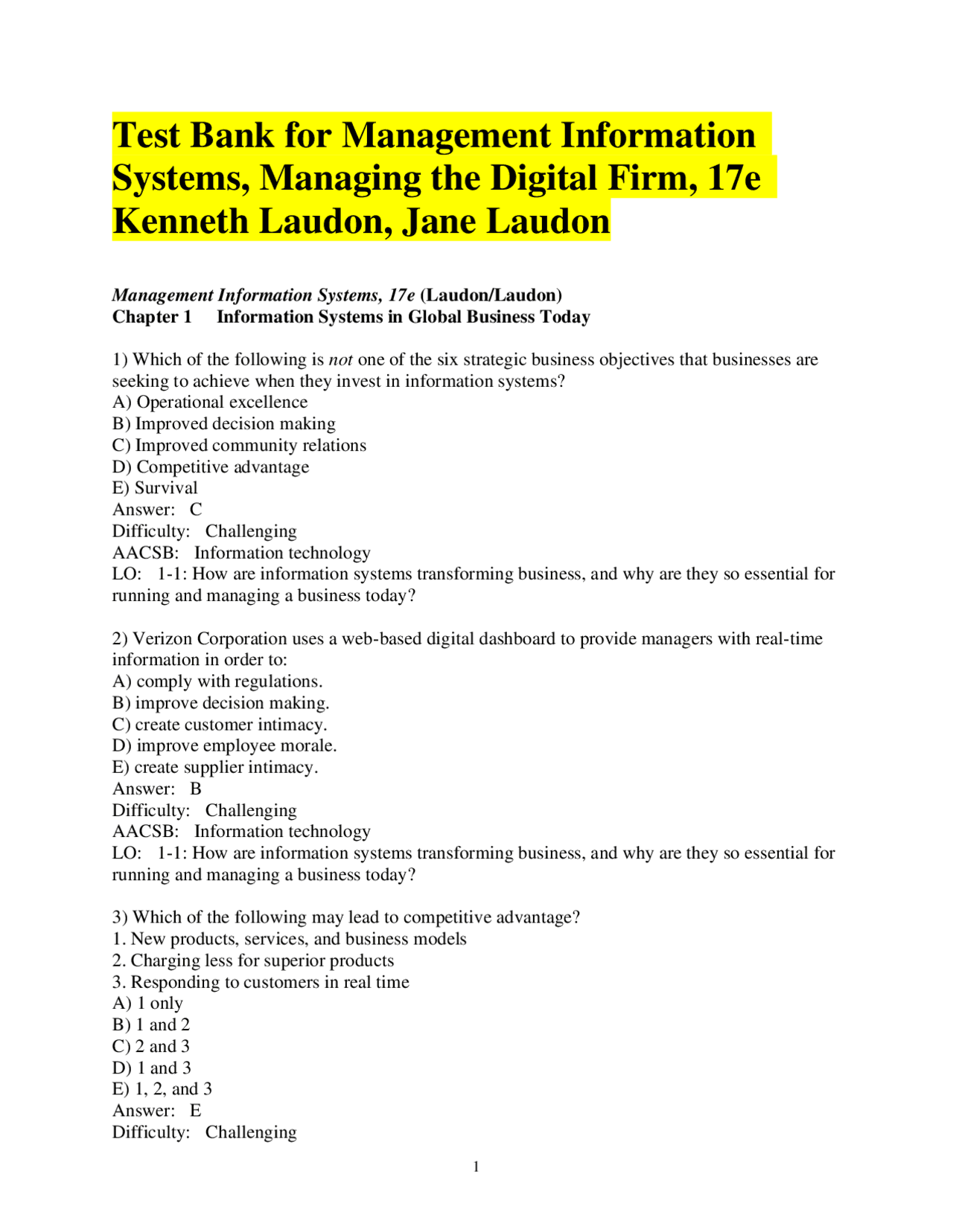 Test Bank for Management Information Systems, Managing the Digital Firm ...