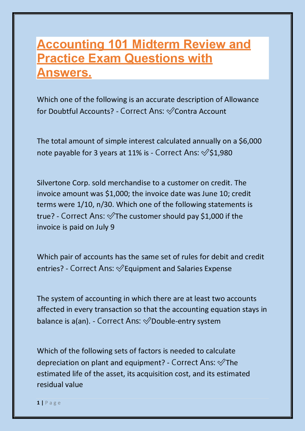 Accounting 101 Midterm Review and Practice Exam Questions with Answers ...