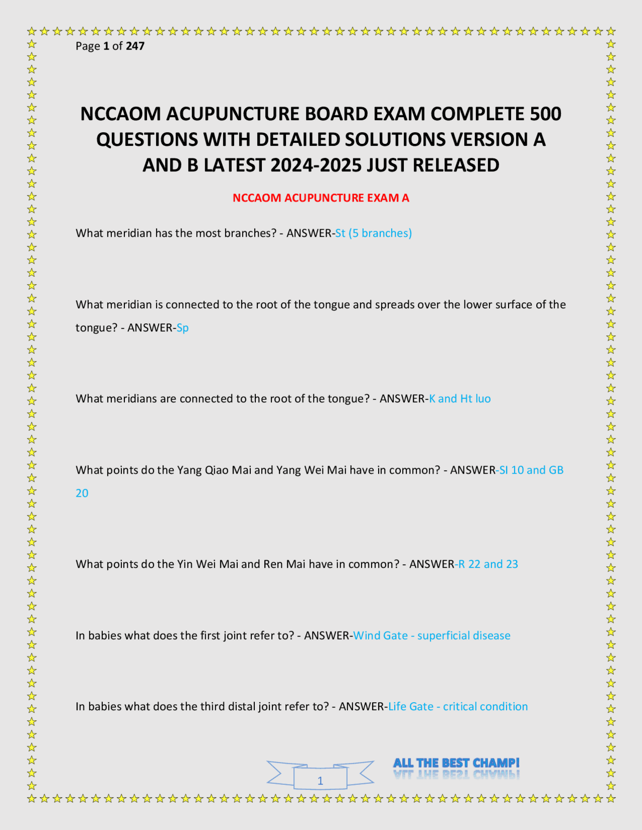 NCCAOM ACUPUNCTURE BOARD EXAM COMPLETE 500 QUESTIONS WITH DETAILED ...