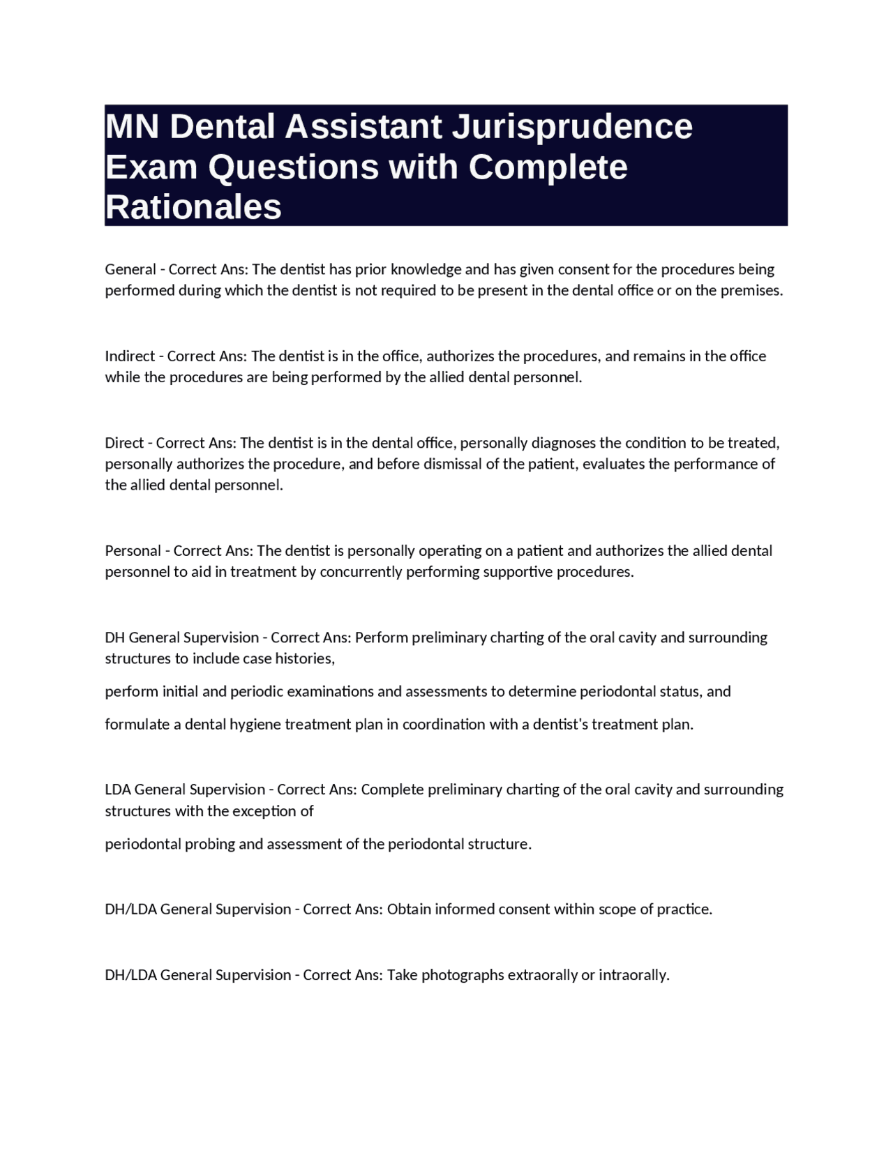 MN Dental Assistant Jurisprudence Exam Questions with Complete ...