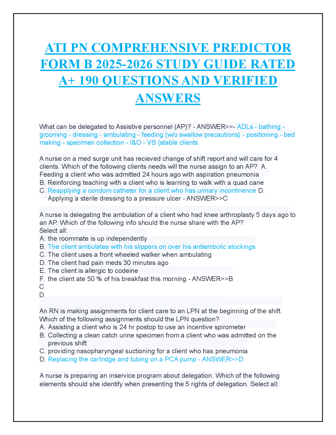 ATI PN COMPREHENSIVE PREDICTOR FORM B 2025-2026 STUDY GUIDE RATED A+ ...