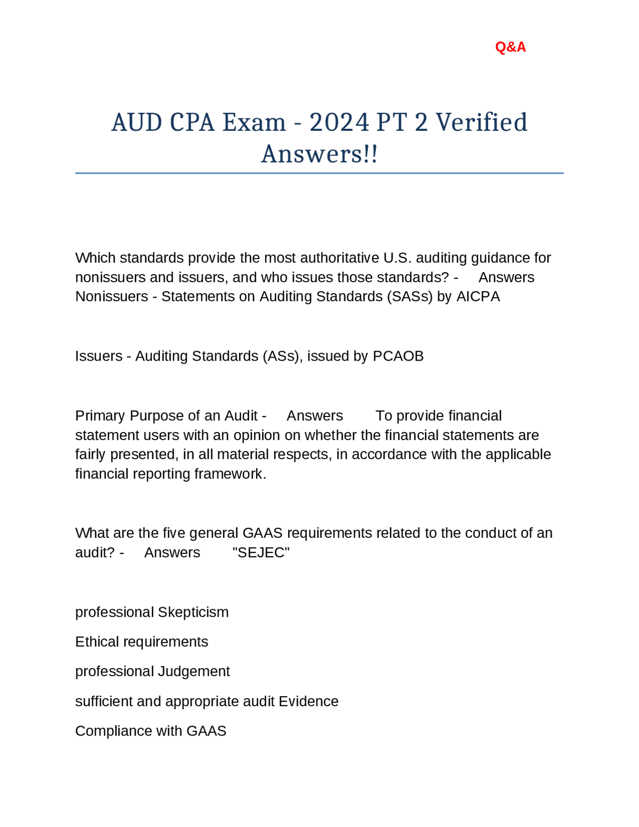 AUD CPA Exam - 2024 PT 2 Verified Answers!! | Exams Auditing | Docsity