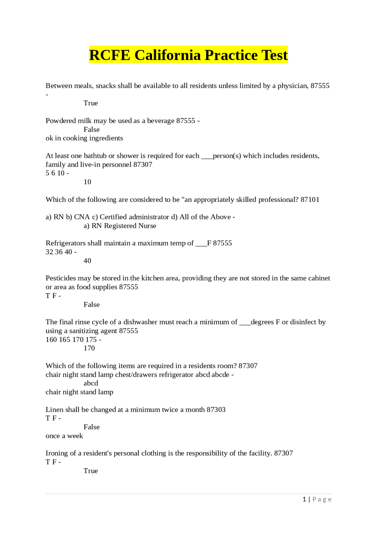 RCFE California Practice Test | Exams Nursing | Docsity