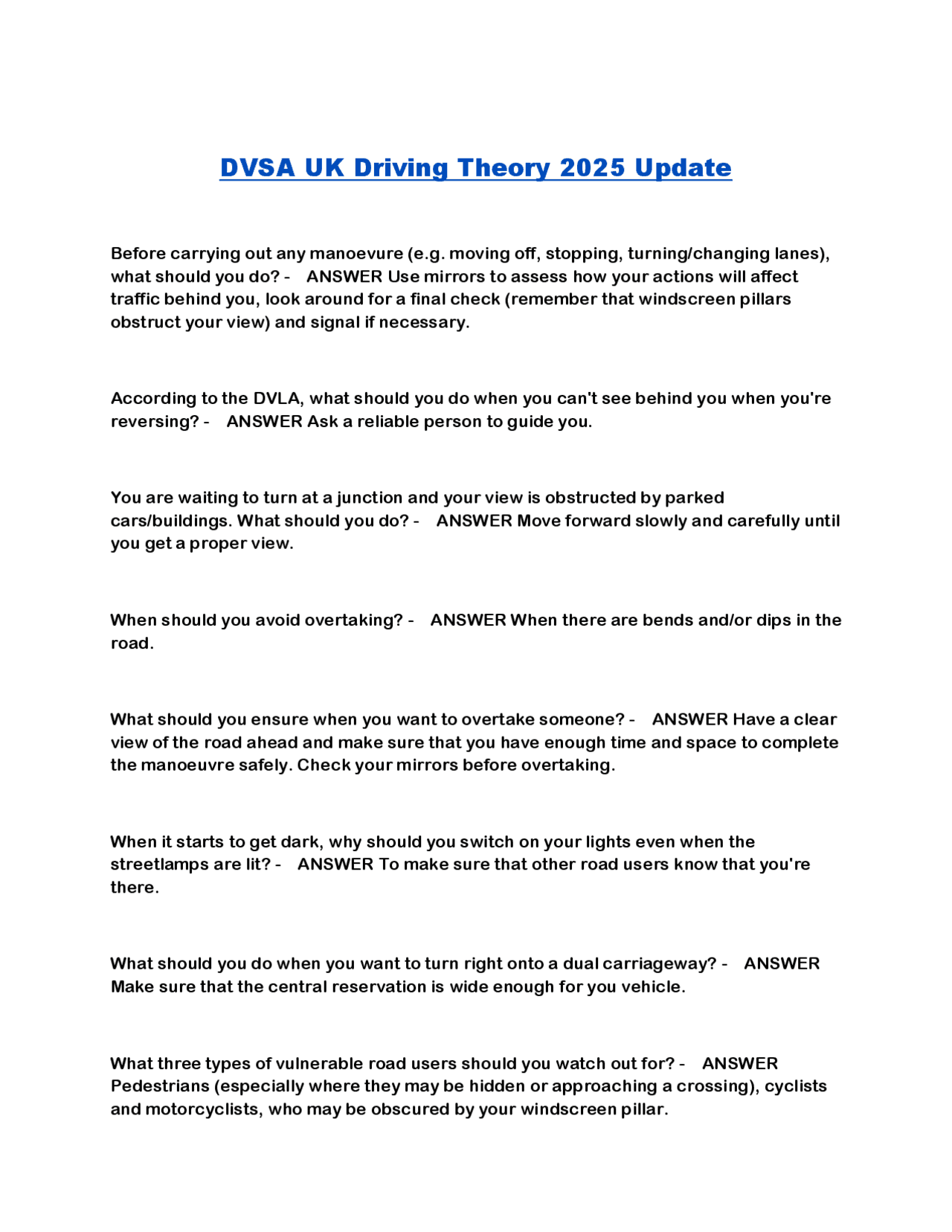 DVSA UK Driving Theory 2025 Update | Exams Advanced Education | Docsity