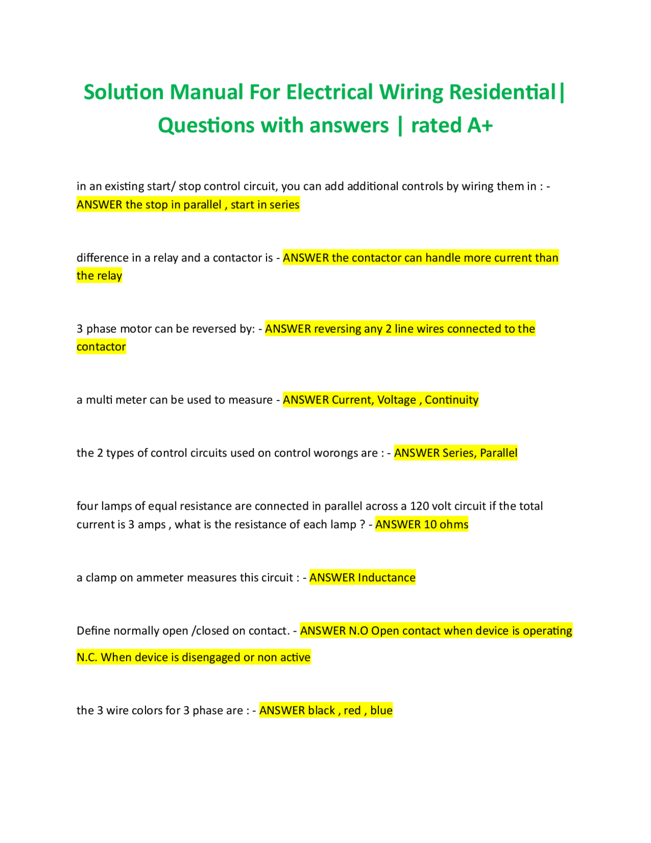 Solution Manual For Electrical Wiring Residential| Questions with answers | rated A+ | Exams ...