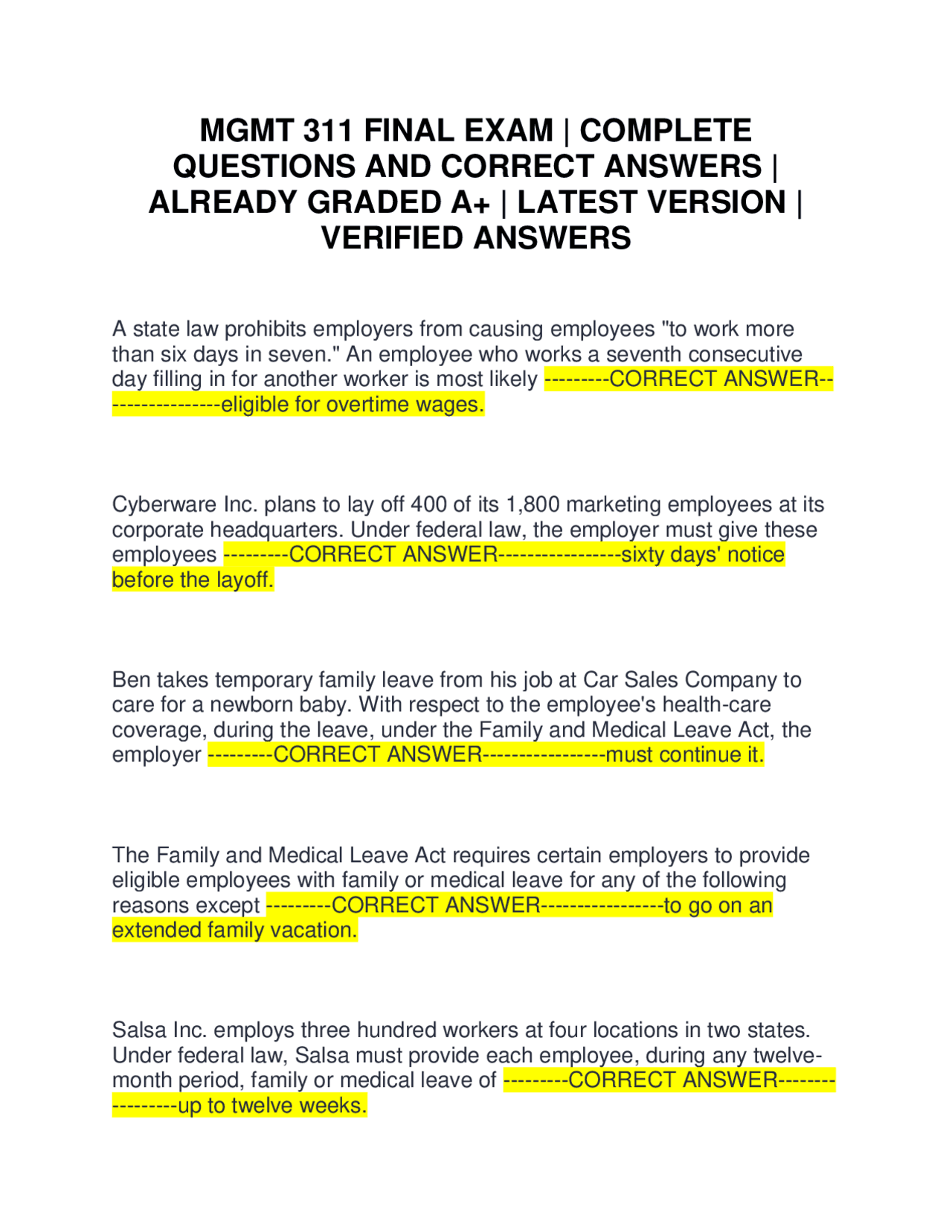 MGMT 311 FINAL EXAM | COMPLETE QUESTIONS AND CORRECT ANSWERS | ALREADY ...