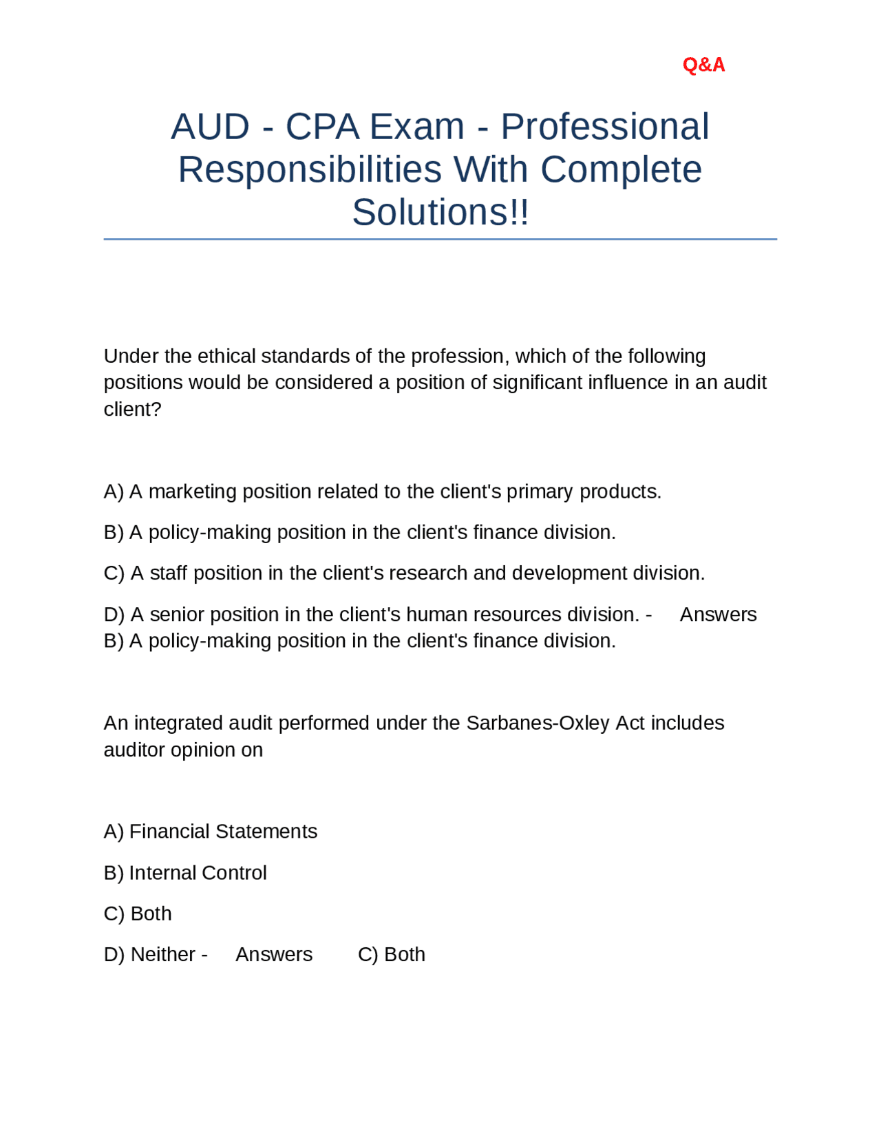AUD - CPA Exam - Professional Responsibilities With Complete Solutions ...