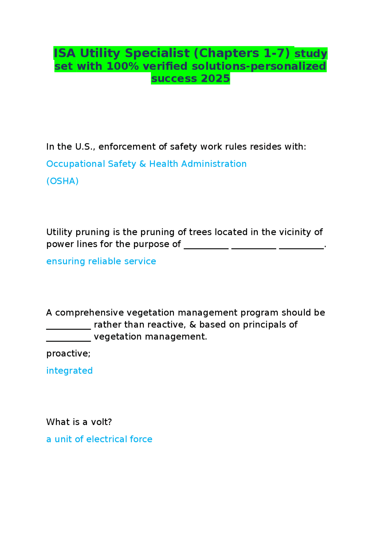 ISA Utility Specialist (Chapters 1-7) study set with 100% verified solutions-personalized ...