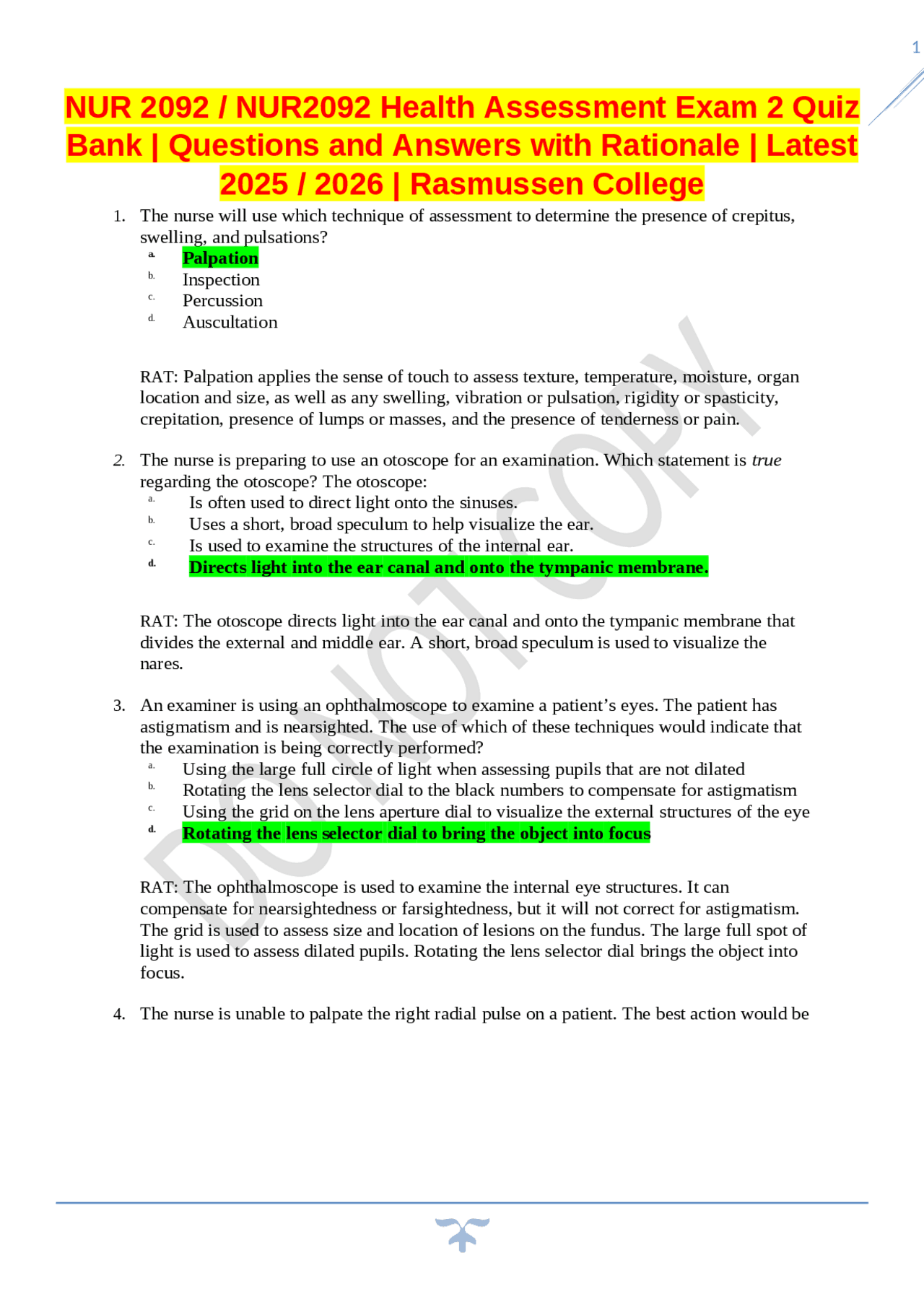 NUR 2092 / NUR2092 Health Assessment Exam 2 Quiz Bank | Questions and ...