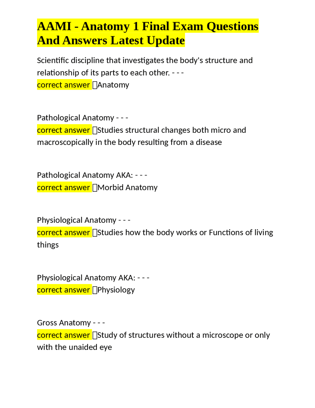 Anatomy 1 Final Exam Questions and Answers | Exams Anatomy | Docsity