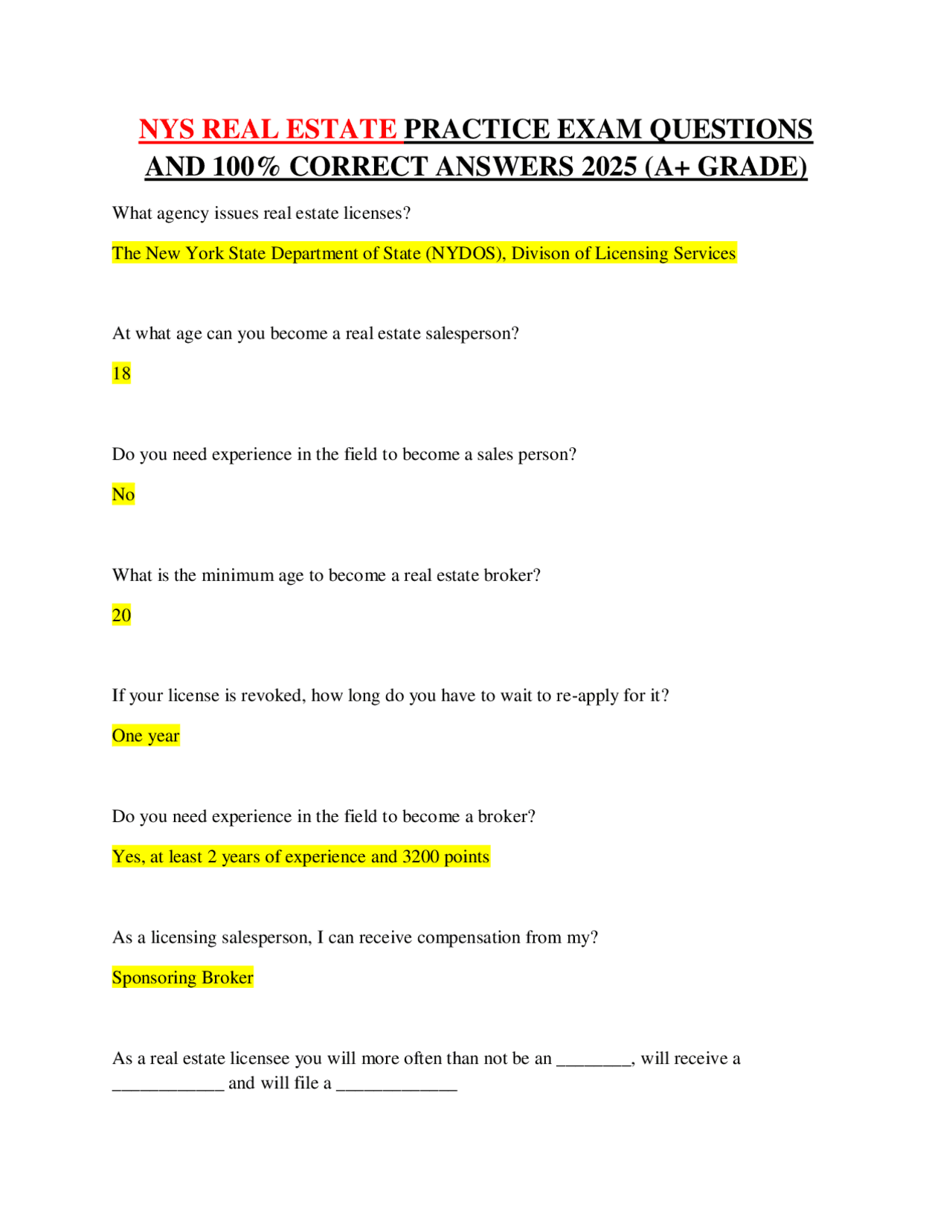 NYS REAL ESTATE PRACTICE EXAM QUESTIONS AND 100% CORRECT ANSWERS 2025 ...