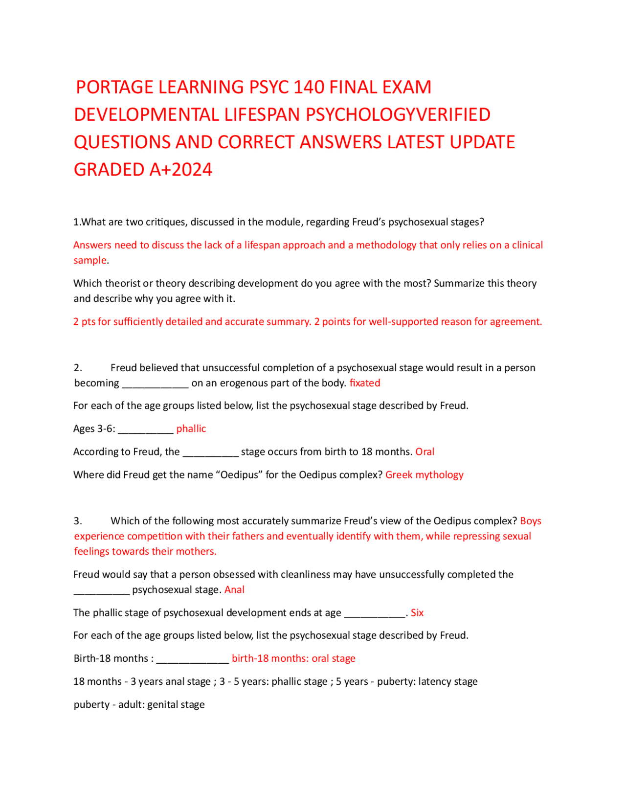 PORTAGE LEARNING PSYC 140 FINAL EXAM DEVELOPMENTAL LIFESPAN ...