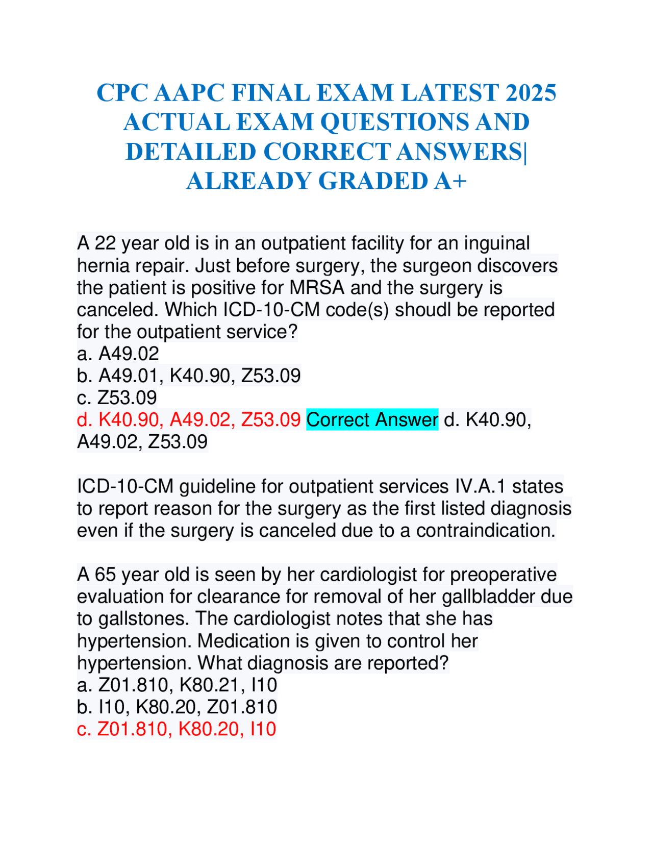CPC AAPC FINAL EXAM LATEST 2025 ACTUAL EXAM QUESTIONS AND DETAILED ...