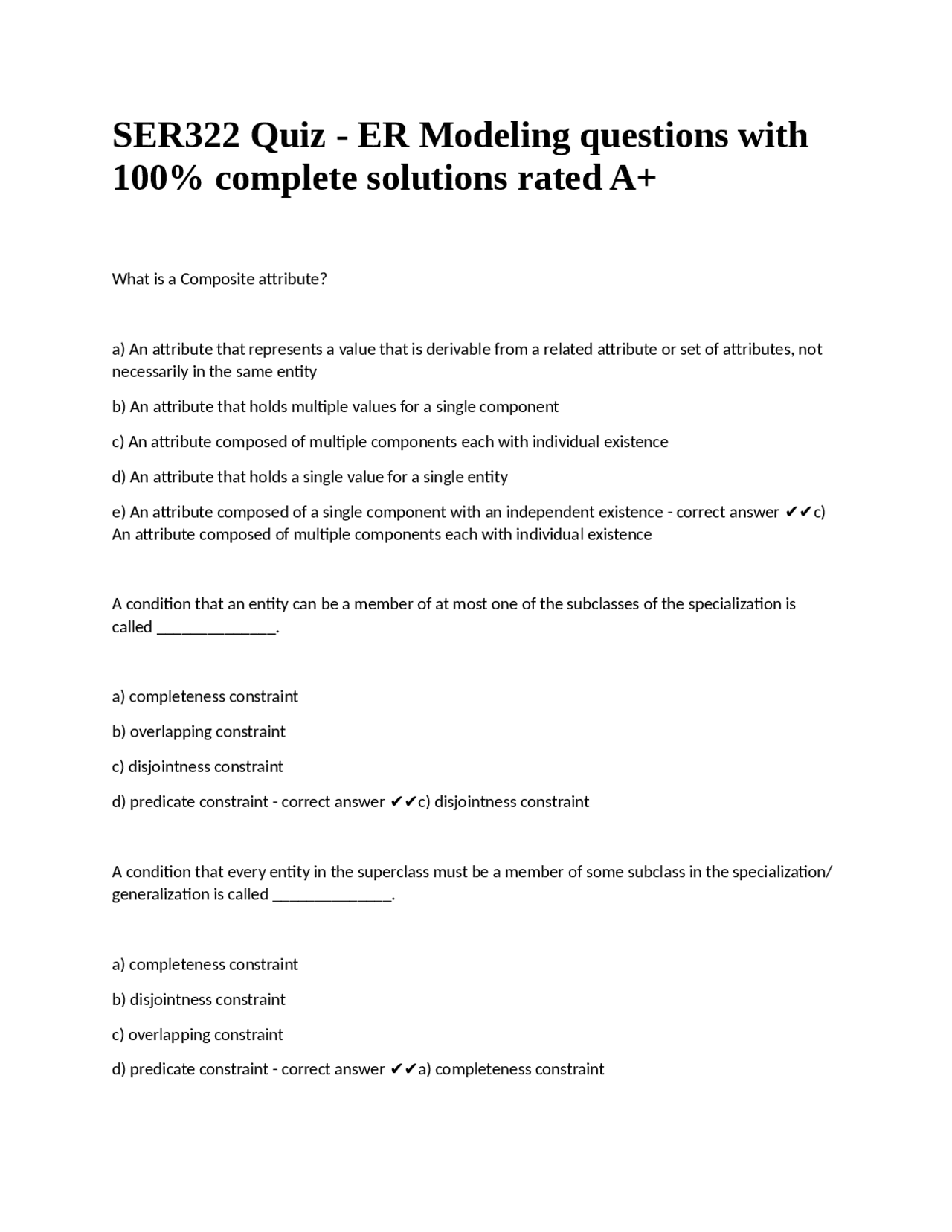SER322 Quiz - ER Modeling Questions with Solutions | Exams Nursing ...