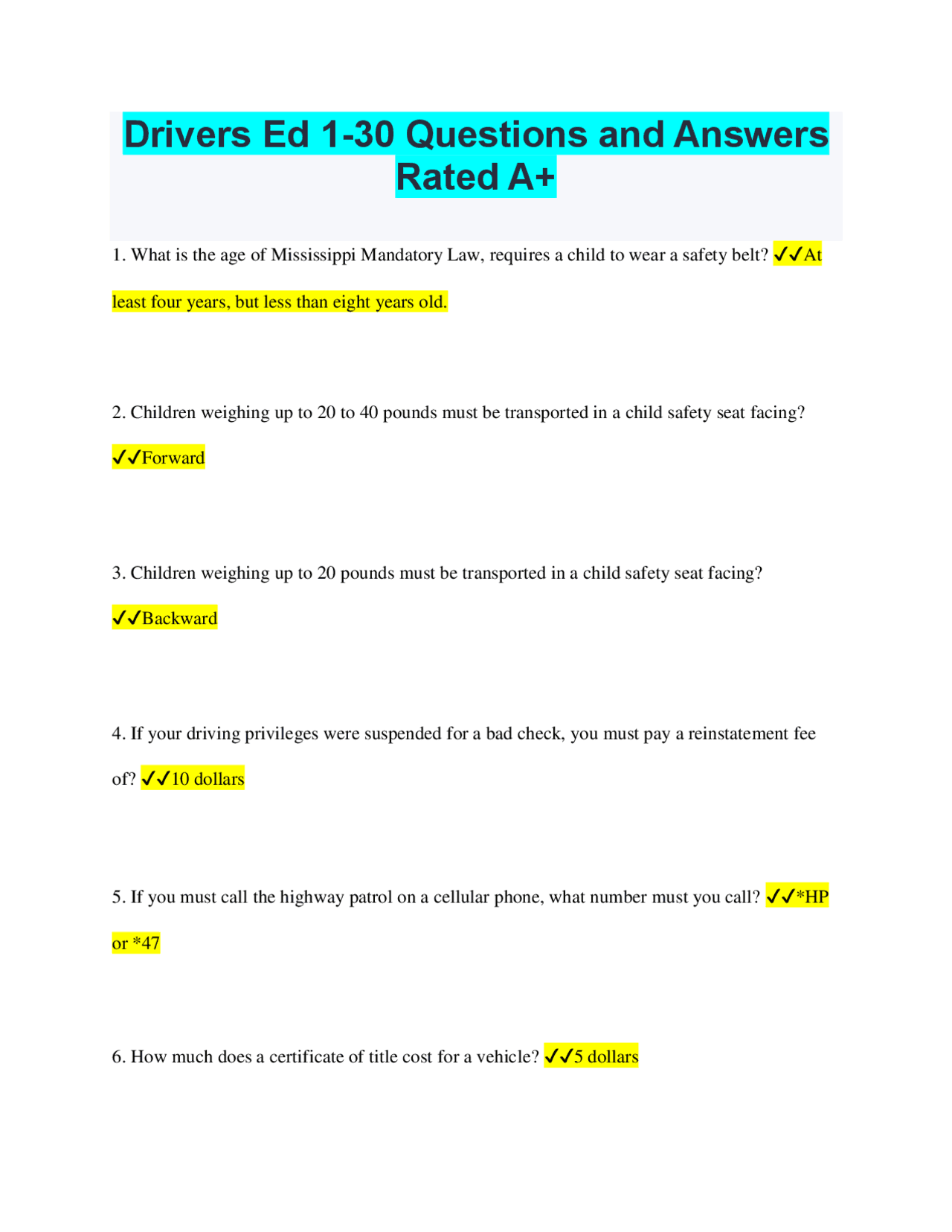 Mississippi Drivers Education: 30 Questions and Answers | Exams Physical Education and Motor ...