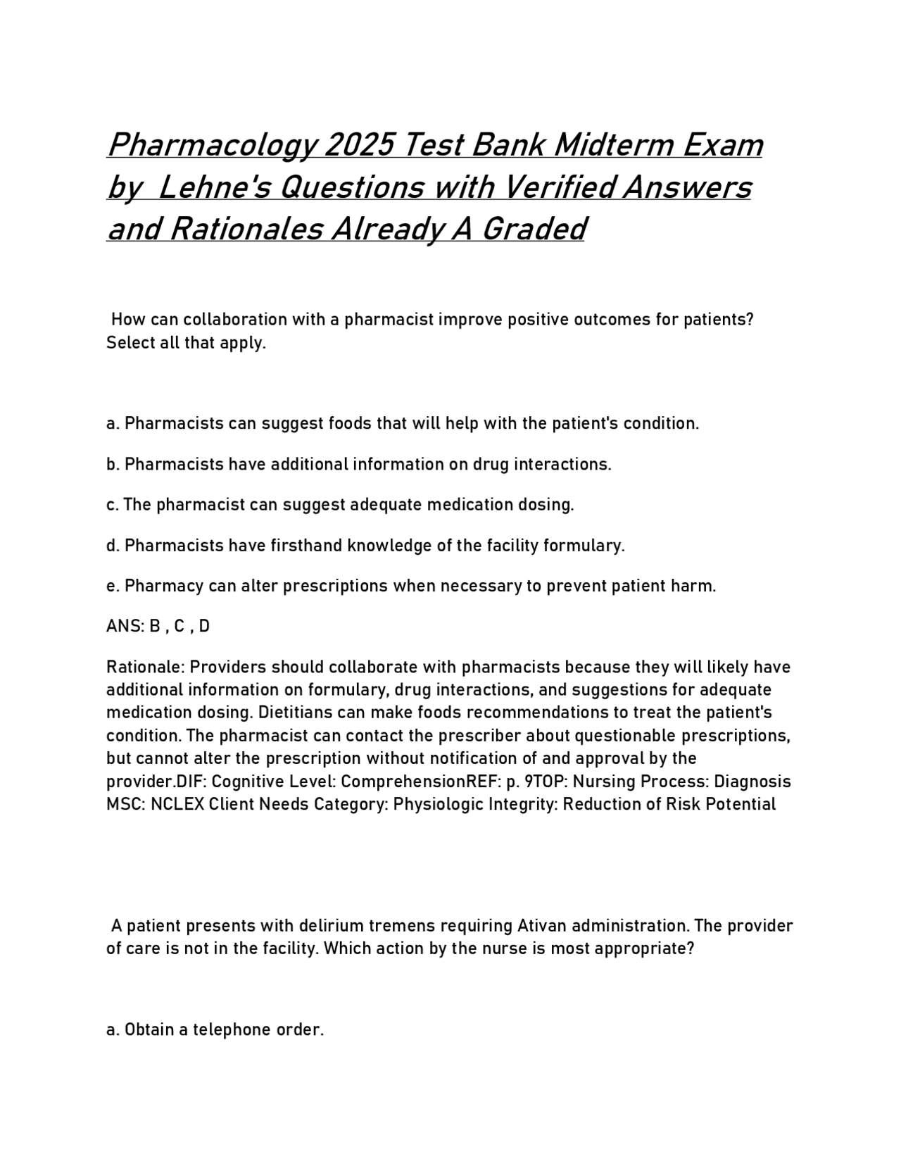 Pharmacology 2025 Test Bank Midterm Exam by Lehne's Questions with ...