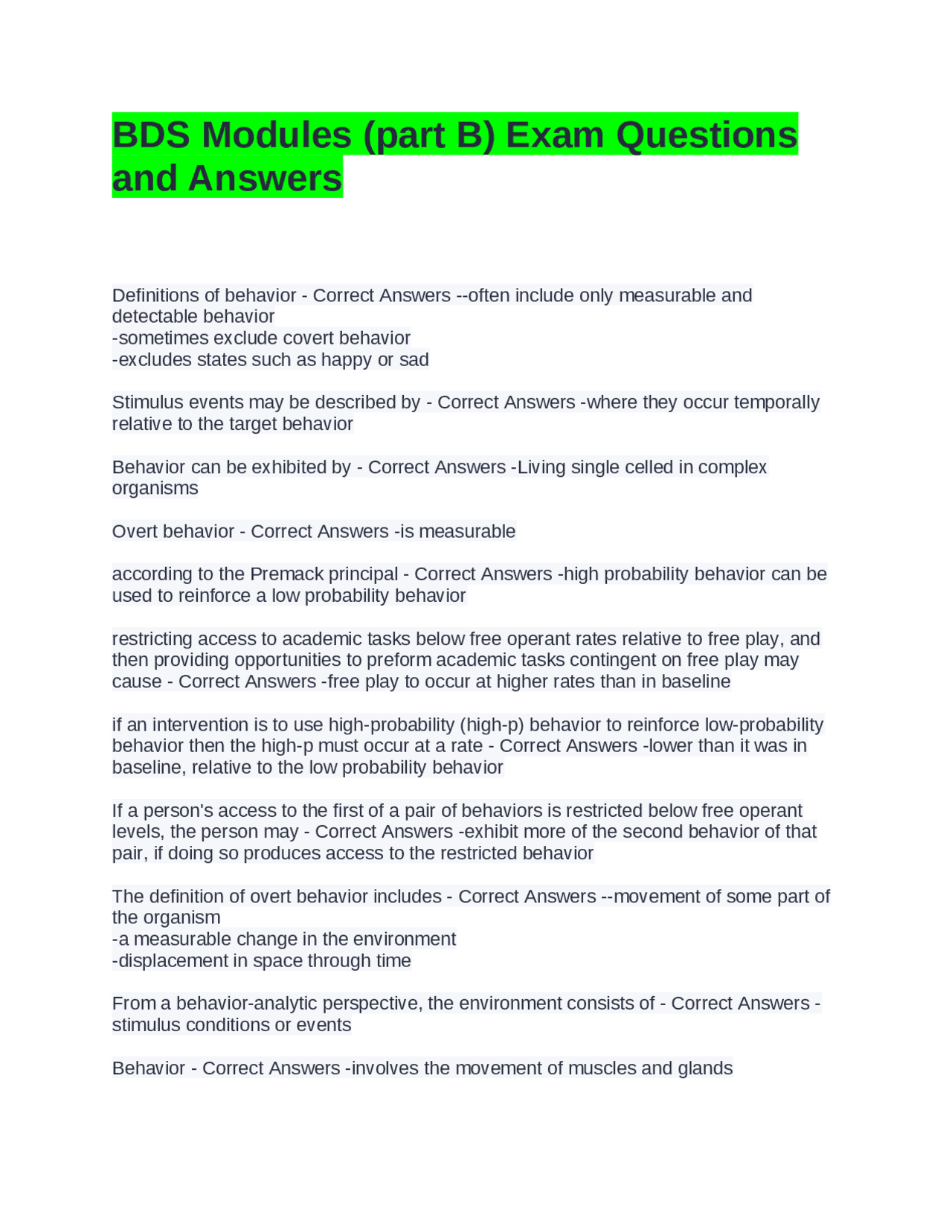 BDS Modules (part B) Exam Questions and Answers | Exams Nursing | Docsity