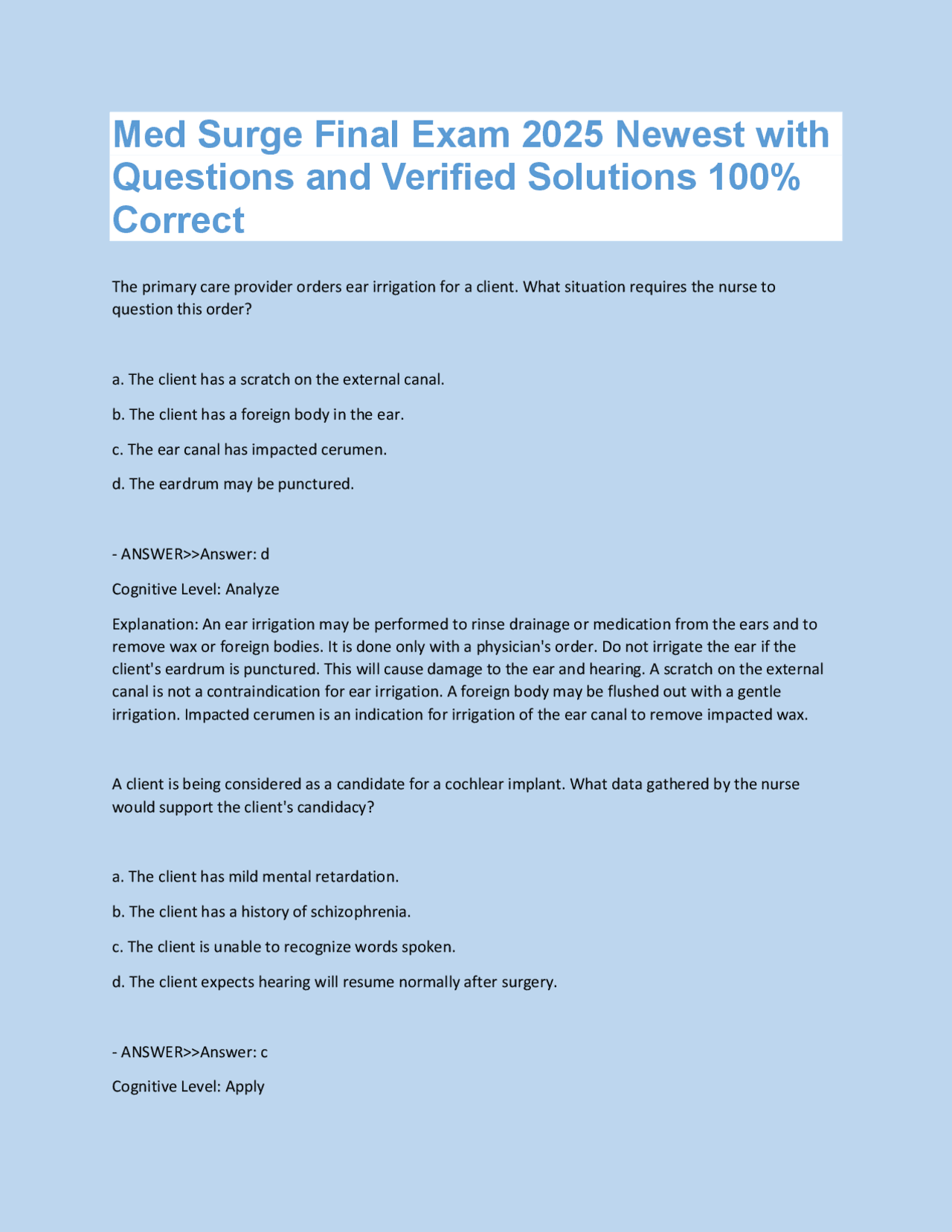 Med Surge Final Exam 2025 Newest with Questions and Verified Solutions ...