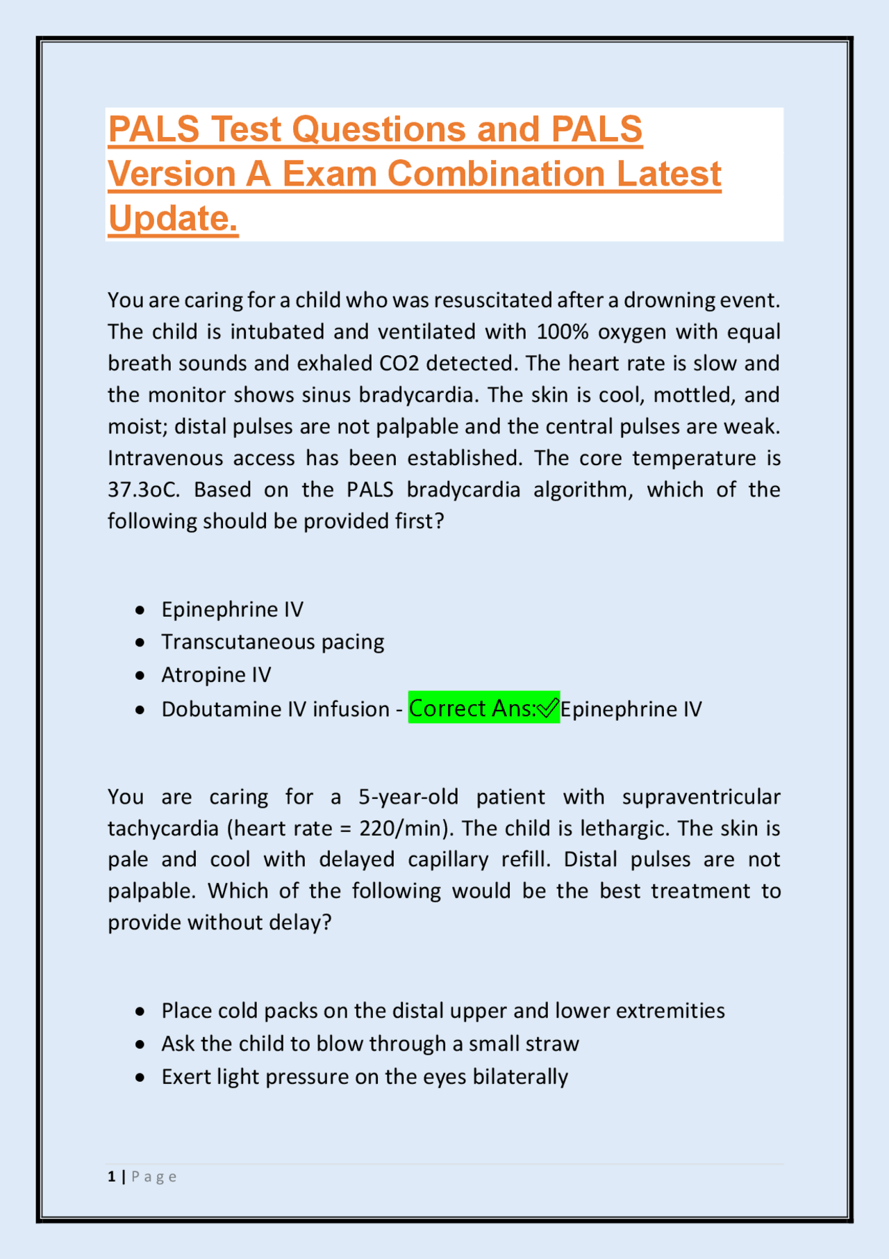 PALS Test Questions and PALS Version A Exam Combination Latest Update ...