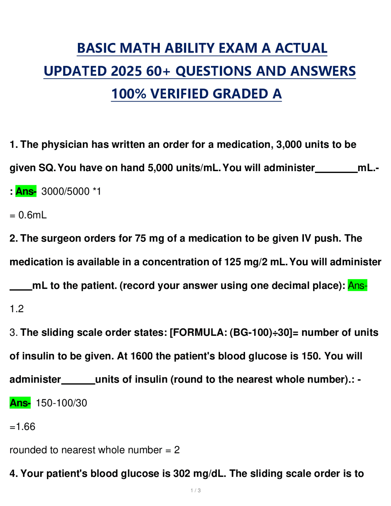 BASIC MATH ABILITY EXAM A ACTUAL UPDATED 2025 60+ QUESTIONS AND ANSWERS ...